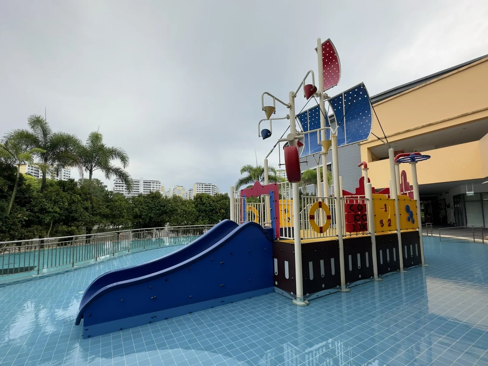 Pirate ship water playground with slides and water cannons at Senja-Cashew Swimming Complex